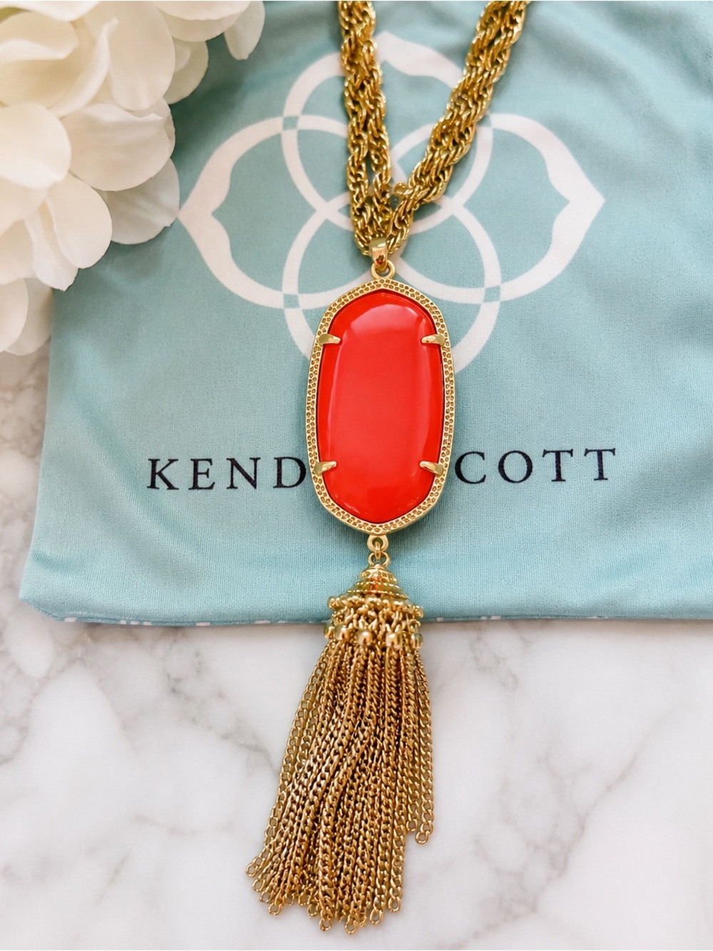 Kendra Scott Red Tassel Necklace Gold Long Statement Pendant